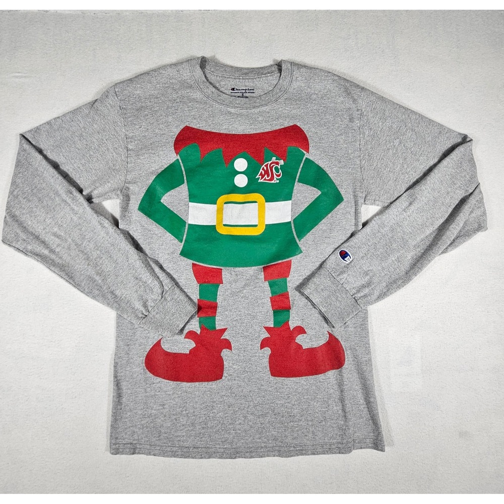 Champion WSU Washington State Cougar Elf Holiday T-Shirt Men Small Gray Long Slv